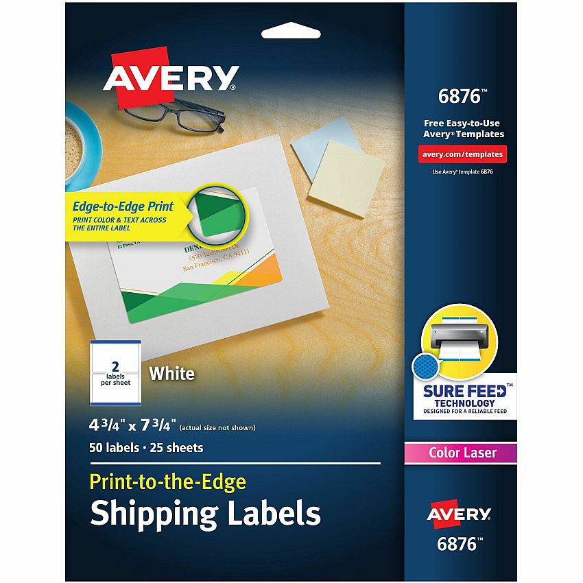 Avery Print to the Edge Shipping Labels, 4-3/4" x 7-3/4" , 50 Labels (AVE6876)