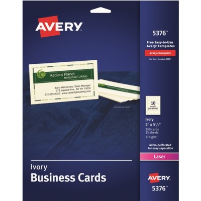 Avery 2" x 3.5" Ivory Business Cards, Sure Feed? Technology, Laser, 250 Cards (5376)