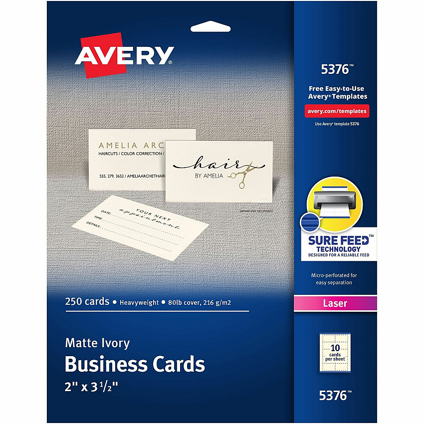 Avery 2" x 3.5" Ivory Business Cards, Sure Feed Technology, Laser, 250 Cards (AVE5376)