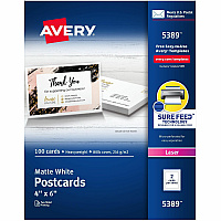 Avery(R) Printable Postcards with Sure Feed Technology, 4" x 6" , White, 100 Blank Postcards for Laser Printers (AVE5389)