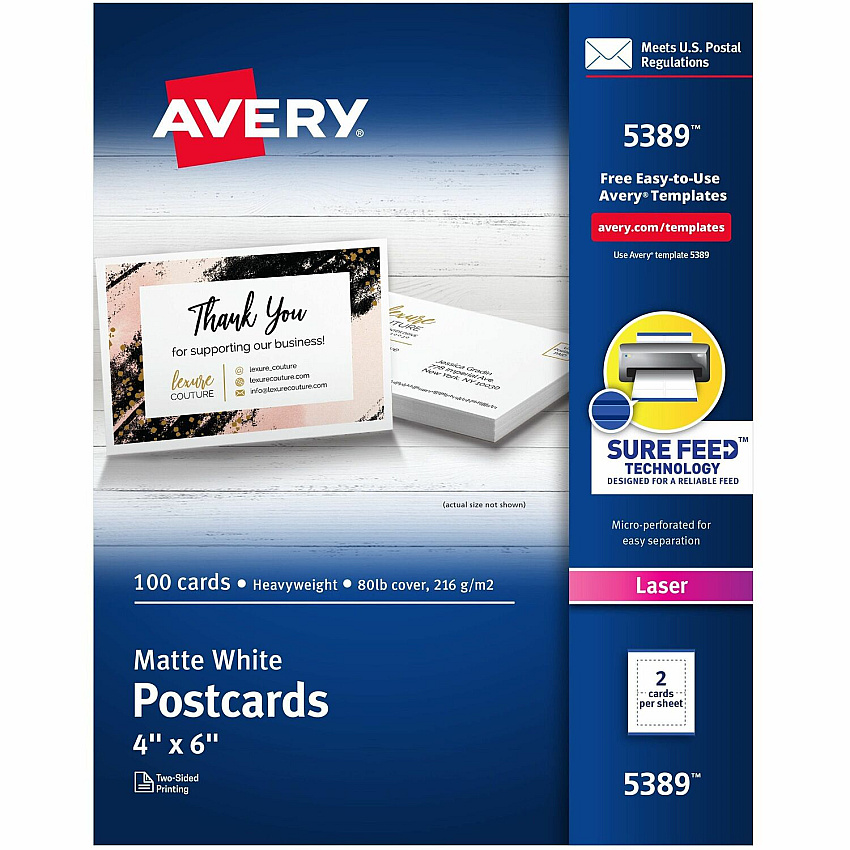 Avery(R) Printable Postcards with Sure Feed Technology, 4" x 6" , White, 100 Blank Postcards for Laser Printers (AVE5389)