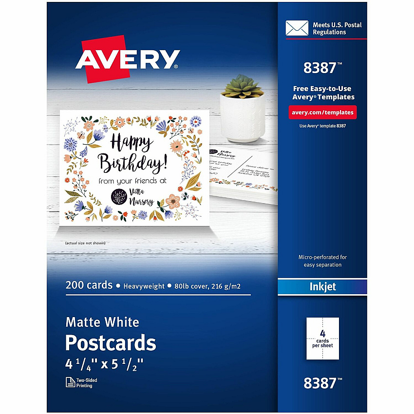Avery(R) Printable Postcards, 4.25" x 5.5" , Matte White, 200 Blank Postcards for Inkjet Printers (AVE8387)