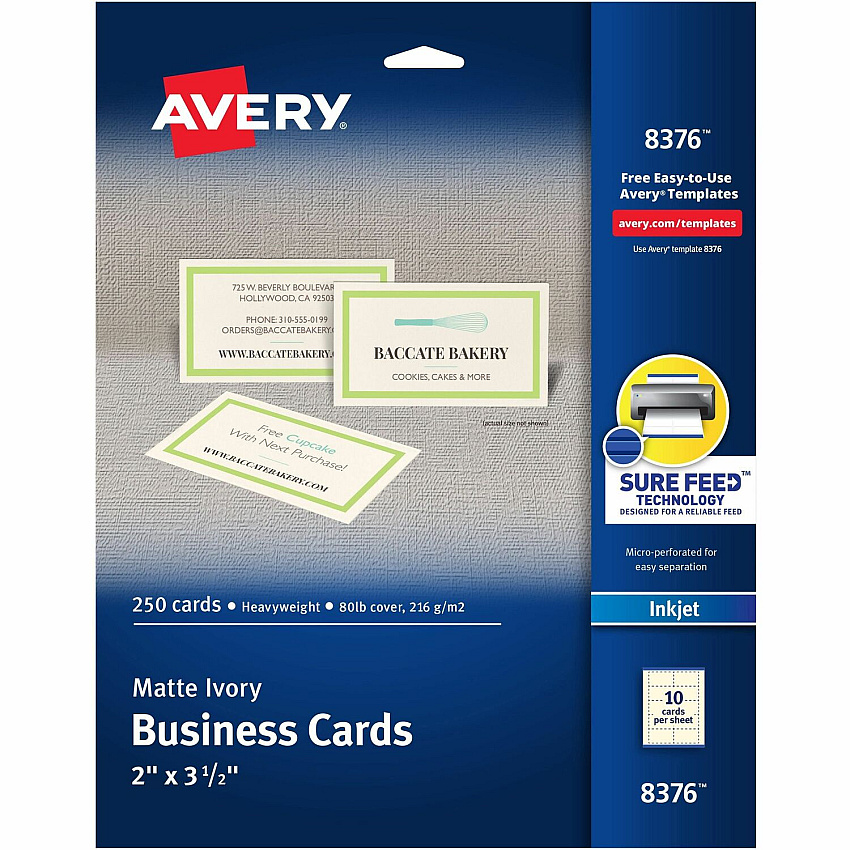 Avery 2" x 3.5" Ivory Business Cards, Sure Feed(TM), 250 (AVE8376)