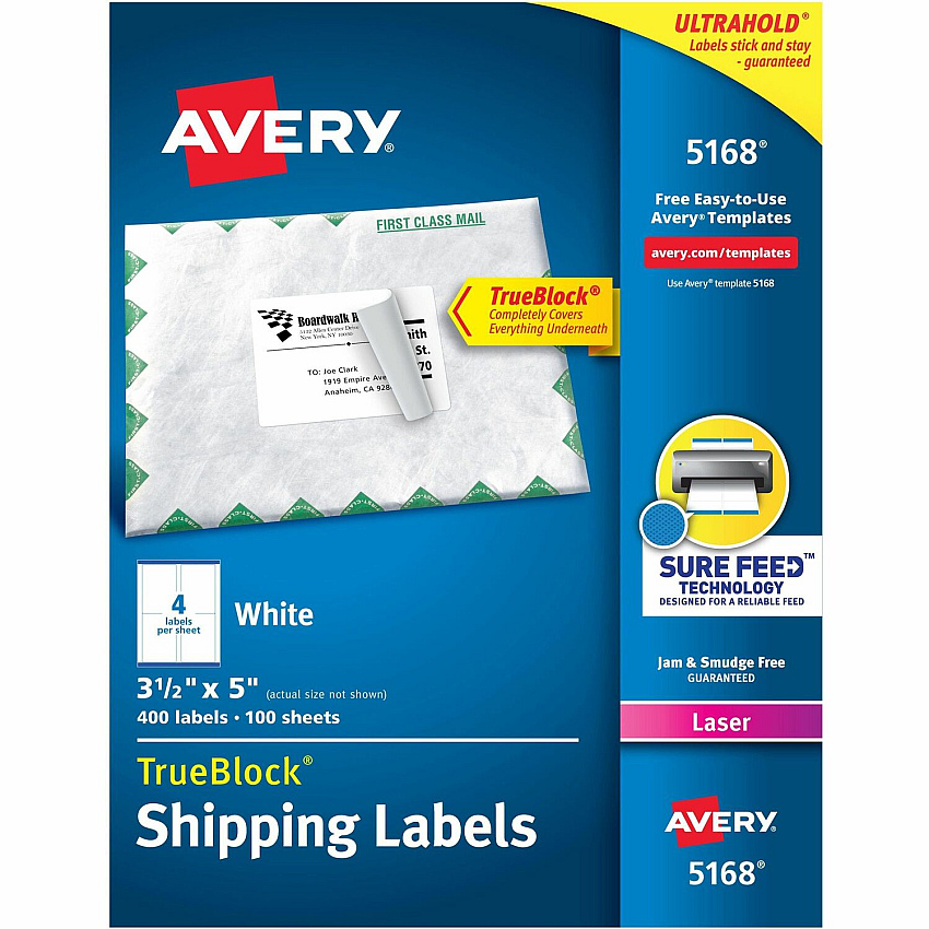 Avery Shipping Labels, Sure Feed, 3-1/2" x 5" , 400 Labels (AVE5168)