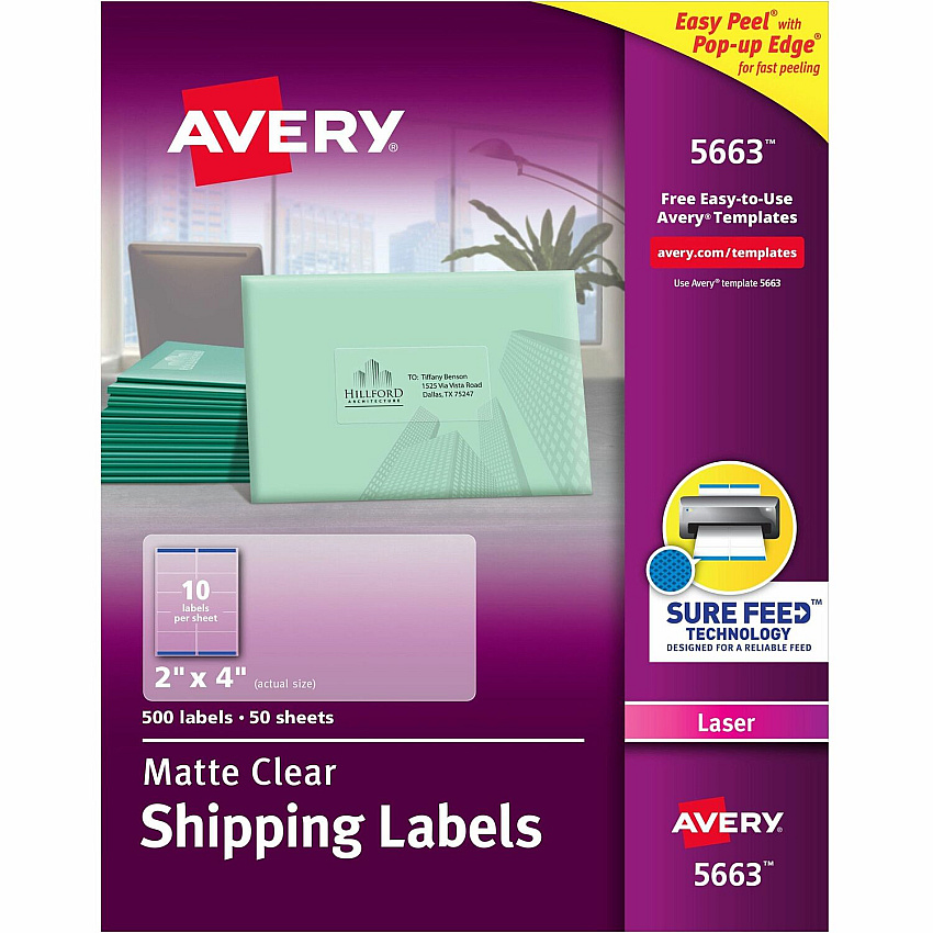 Avery Clear Shipping Labels, Sure Feed, 2" x 4" , 500 Labels (AVE5663)