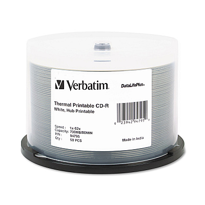 Verbatim CD-R DataLifePlus Printable Recordable Disc, 700 MB/80 min, 52x, Spindle, White, 50/Pack (94755)