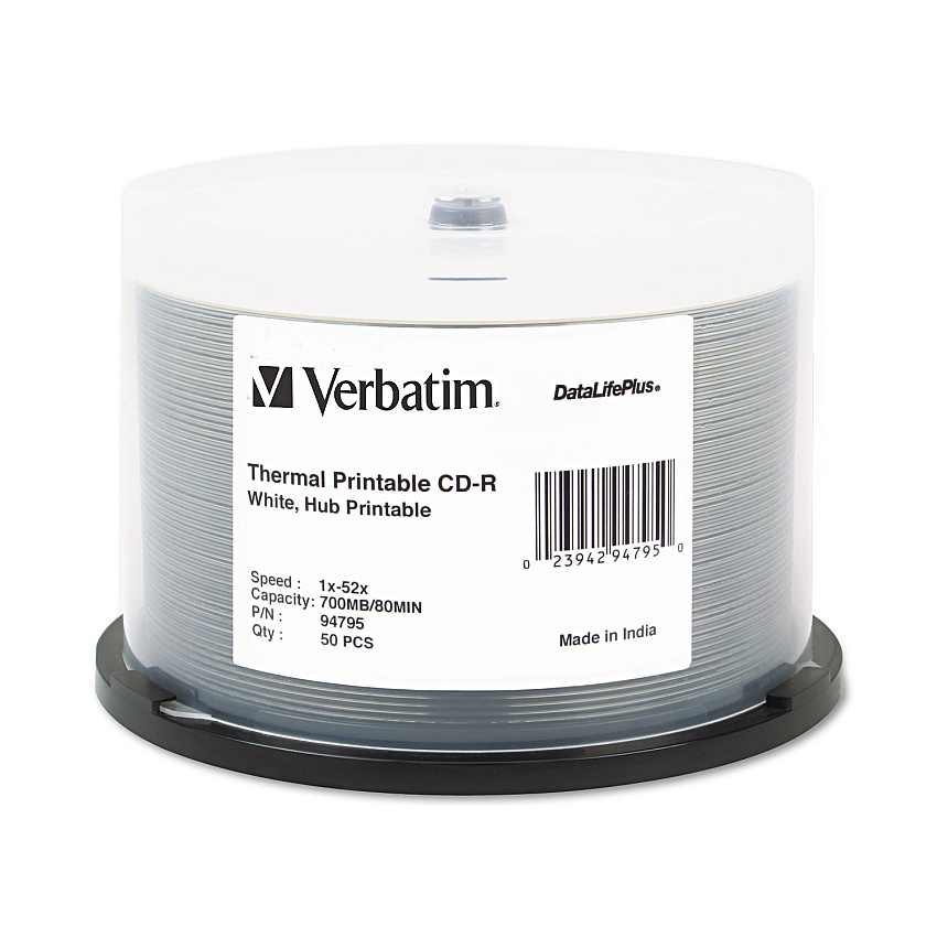 Verbatim CD-R DataLifePlus Printable Recordable Disc, 700 MB/80 min, 52x, Spindle, White, 50/Pack (94755)