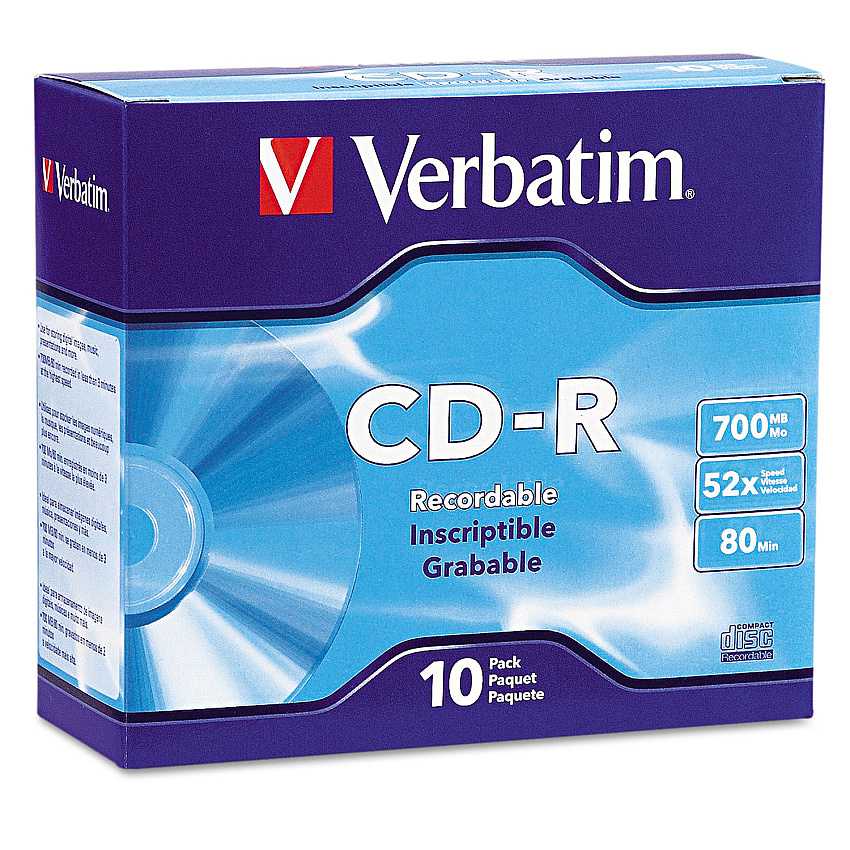 Verbatim CD-R Recordable Disc, 700 MB/80 min, 52x, Slim Jewel Case, Silver, 10/Pack (VER94935)