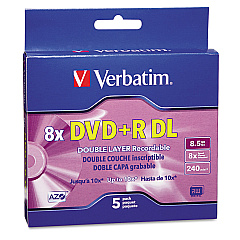 Verbatim DVD+R Dual-Layer Recordable Disc, 8.5 GB, 8x, Jewel Case, Silver, 5/Pack (VER95311)