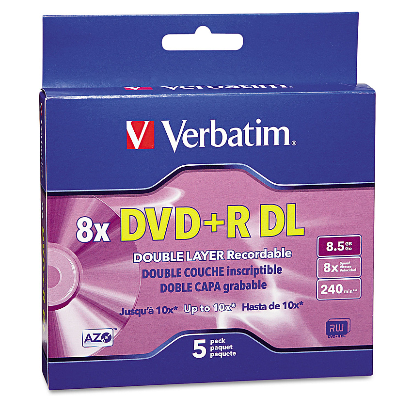 Verbatim DVD+R Dual-Layer Recordable Disc, 8.5 GB, 8x, Jewel Case, Silver, 5/Pack (VER95311)