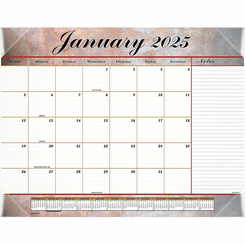AT-A-GLANCE Marbled Desk Pad, Marbled Stone Artwork, 22 x 17, White/Multicolor Sheets, Clear Corners, 12-Month (Jan to Dec): 2026 (89702)