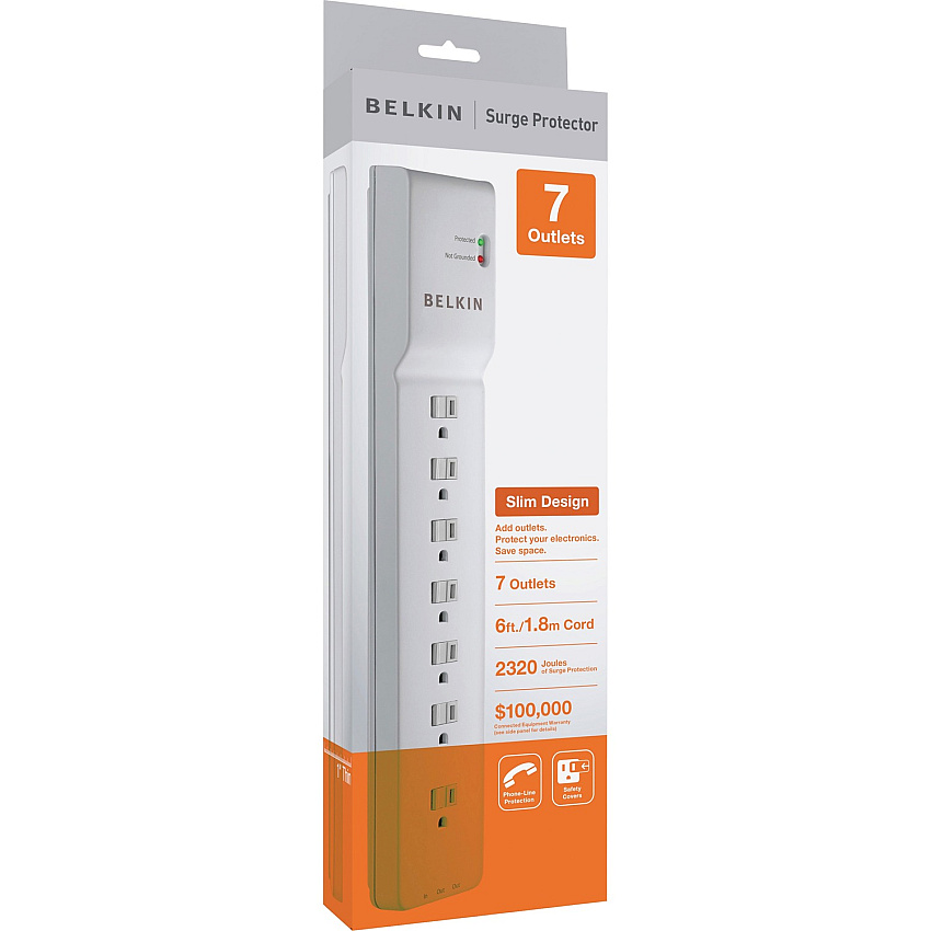 Belkin 7 Outlet Power Strip Surge Protector with 6ft Power Cord - 2320 Joules - White (BLKBE10720006)