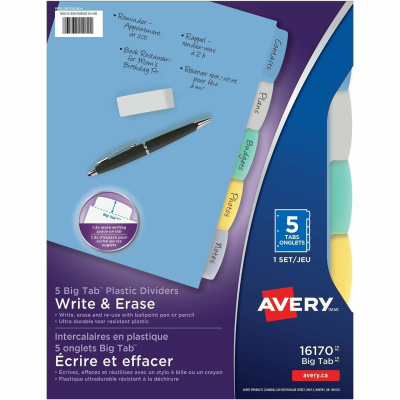Avery Big Tab Write & Erase Durable Dividers, 5 Multicolor Tabs (16170)