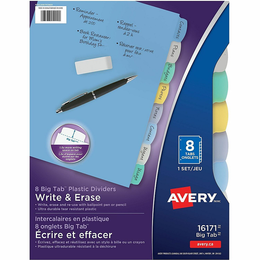 Avery Big Tab Write & Erase Plastic Dividers, 8 tabs, 1 set (AVE16171)