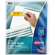 Avery(R) 12 Tab Dividers for 3 Ring Binder, Easy Print & Apply Clear Label Strip, Index Maker(R) Customizable White Tabs, 1 Set (AVE11428)