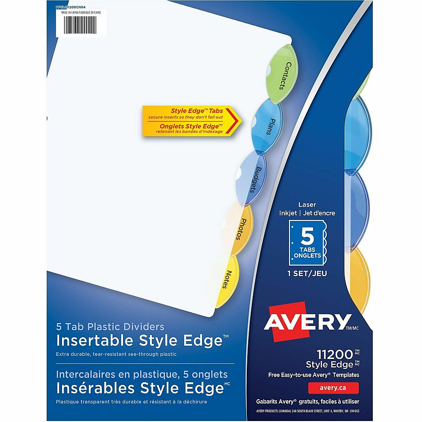 Avery Insertable Style Edge Plastic Dividers, 5 tabs, 1 set (AVE11200)