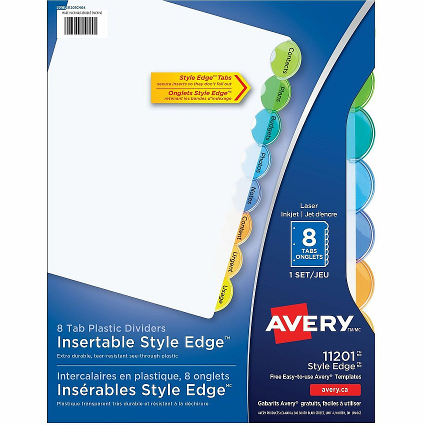 Avery Insertable Style Edge Plastic Dividers, 8 tabs, 1 set (AVE11201)