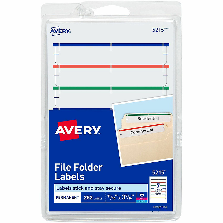 Avery File Folder Labels, Assorted, 2/3" x 3-7/16" , 252 (5215) (AVE05215)