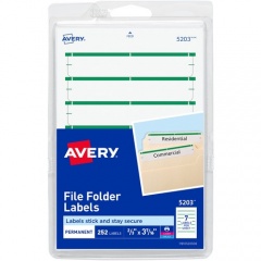 Avery File Folder Labels, White/Green, 2/3" x 3-7/16" , 252 (5203) (05203)