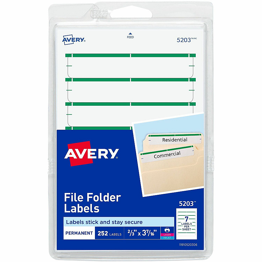 Avery File Folder Labels, White/Green, 2/3" x 3-7/16" , 252 (5203) (AVE05203)
