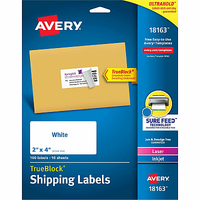 Avery Shipping Labels, Sure Feed, 2" x 4" , 100 Labels (AVE18163)
