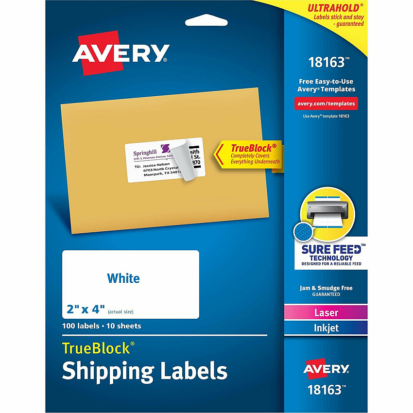Avery Shipping Labels, Sure Feed, 2" x 4" , 100 Labels (AVE18163)