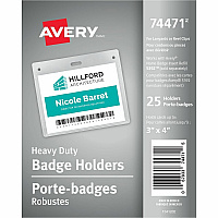 Avery(R) Heavy Duty Badge Holders, 3" x 4" , 25 Horizontal ID Badge Holders (AVE74471)