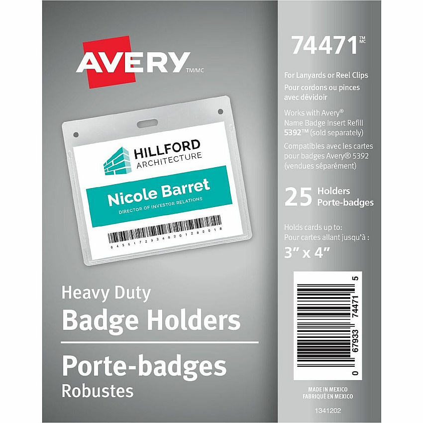 Avery(R) Heavy Duty Badge Holders, 3" x 4" , 25 Horizontal ID Badge Holders (AVE74471)