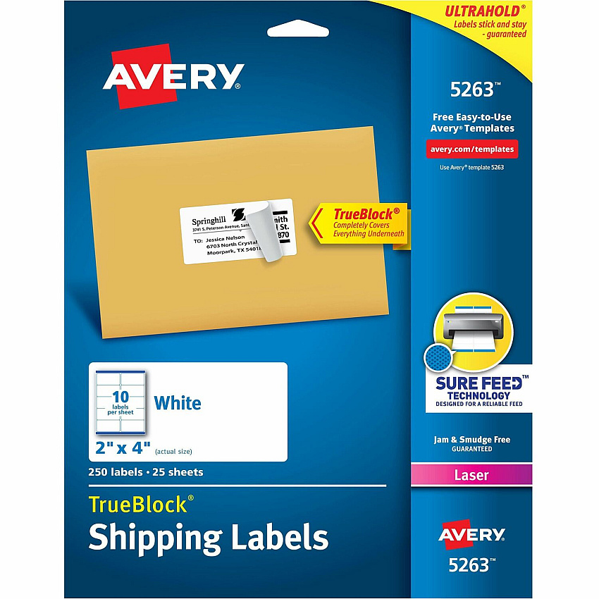 Avery Shipping Labels, Sure Feed, 2" x 4" , 250 Labels (AVE5263)