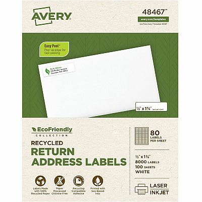Avery(R) EcoFriendly Recycled Return Address Labels, 1/2" x 1-3/4" , White, Permanent Label Adhesive, 8,000 Printable Labels (AVE48467)