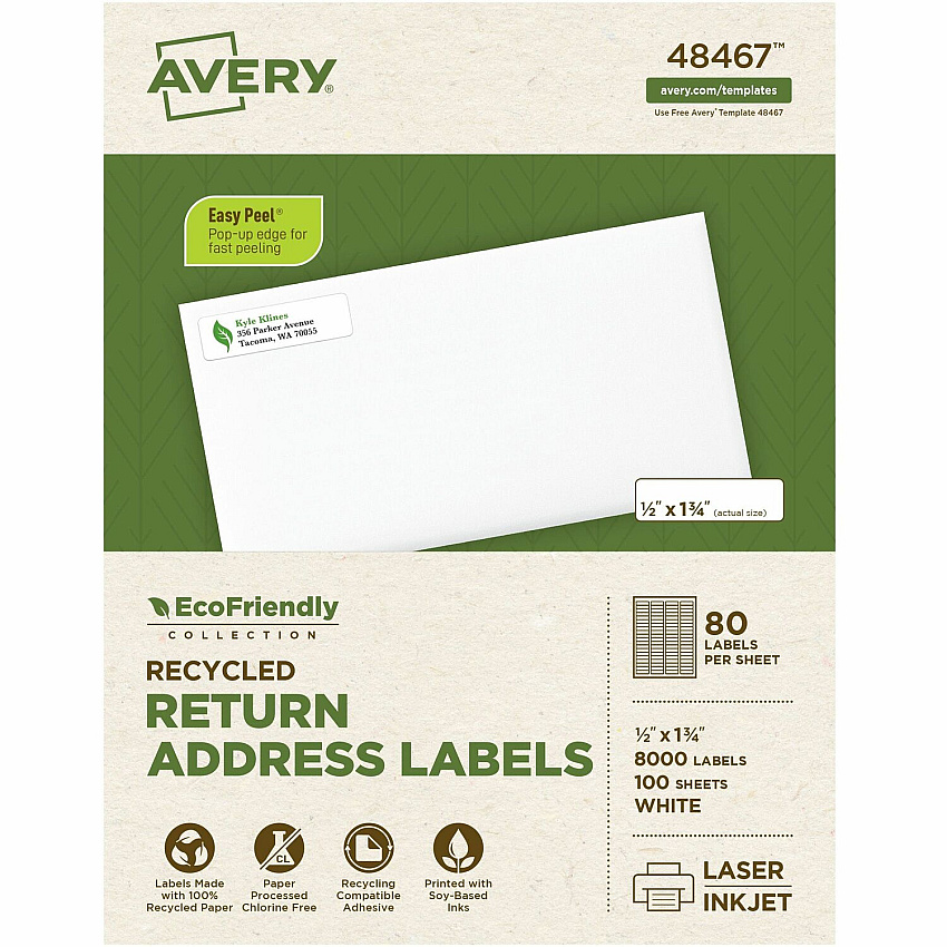 Avery(R) EcoFriendly Recycled Return Address Labels, 1/2" x 1-3/4" , White, Permanent Label Adhesive, 8,000 Printable Labels (AVE48467)