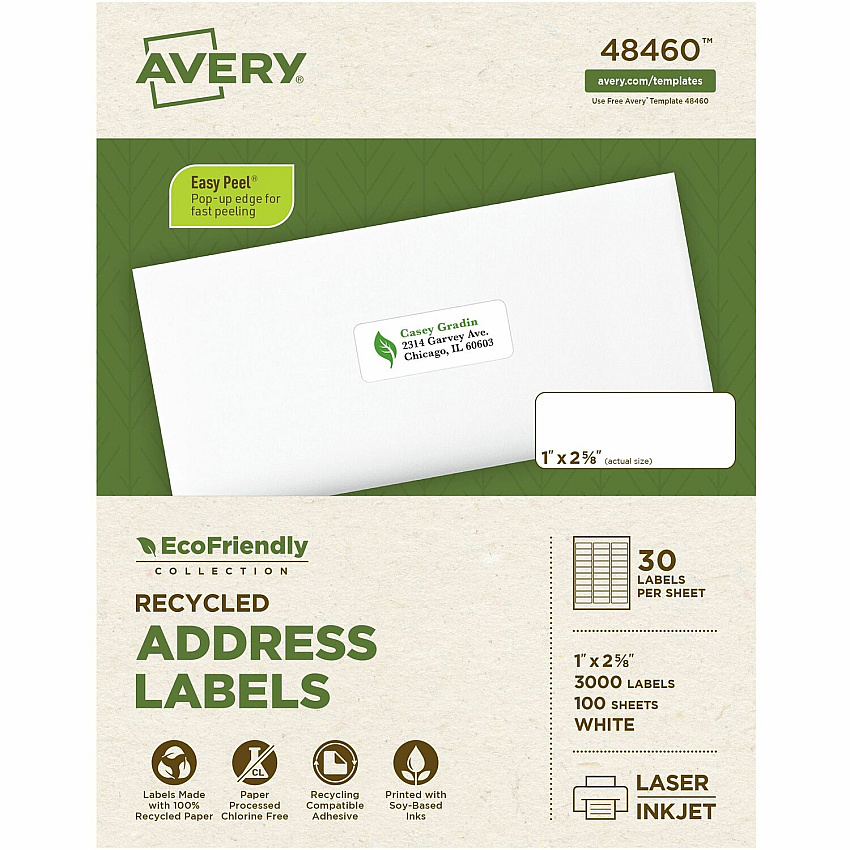 Avery Eco-Friendly Address Labels for Laser and Inkjet Printers, 1" x 2?" (AVE48460)