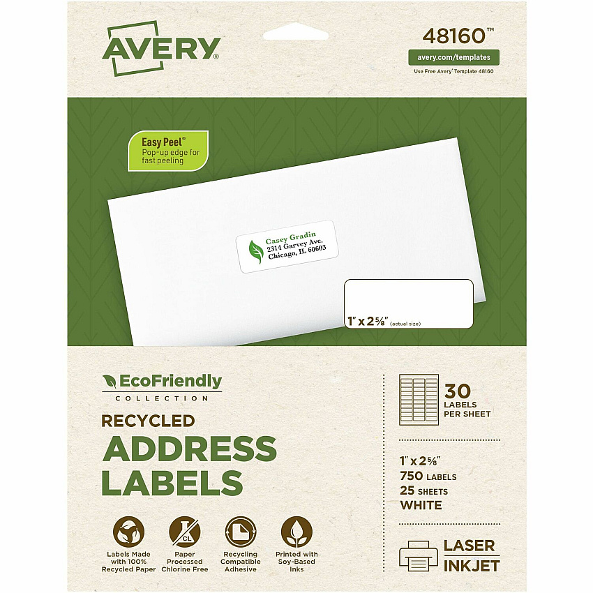 Avery Eco-Friendly Address Labels for Laser and Inkjet Printers, 1" x 2?" (AVE48160)