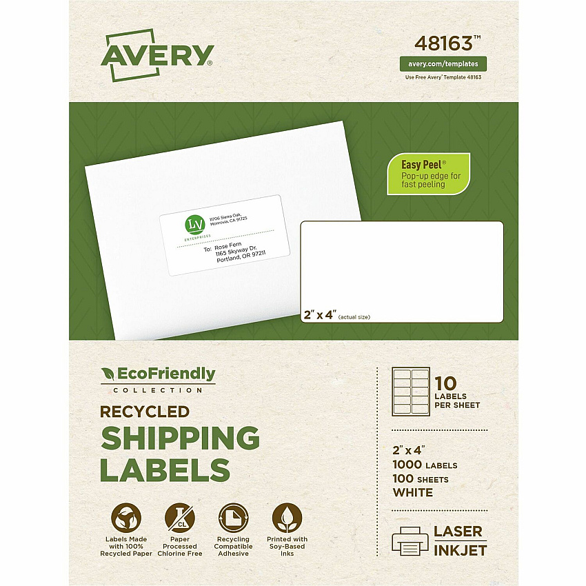 Avery Eco-Friendly Shipping Labels for Laser and Inkjet Printers, 2" x 4" (AVE48163)