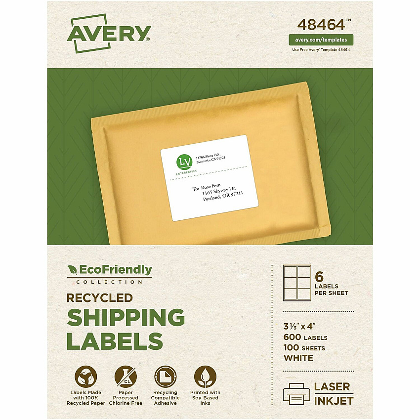 Avery Eco-Friendly Shipping Labels for for Laser and Inkjet Printers, 3?" x 4" (AVE48464)