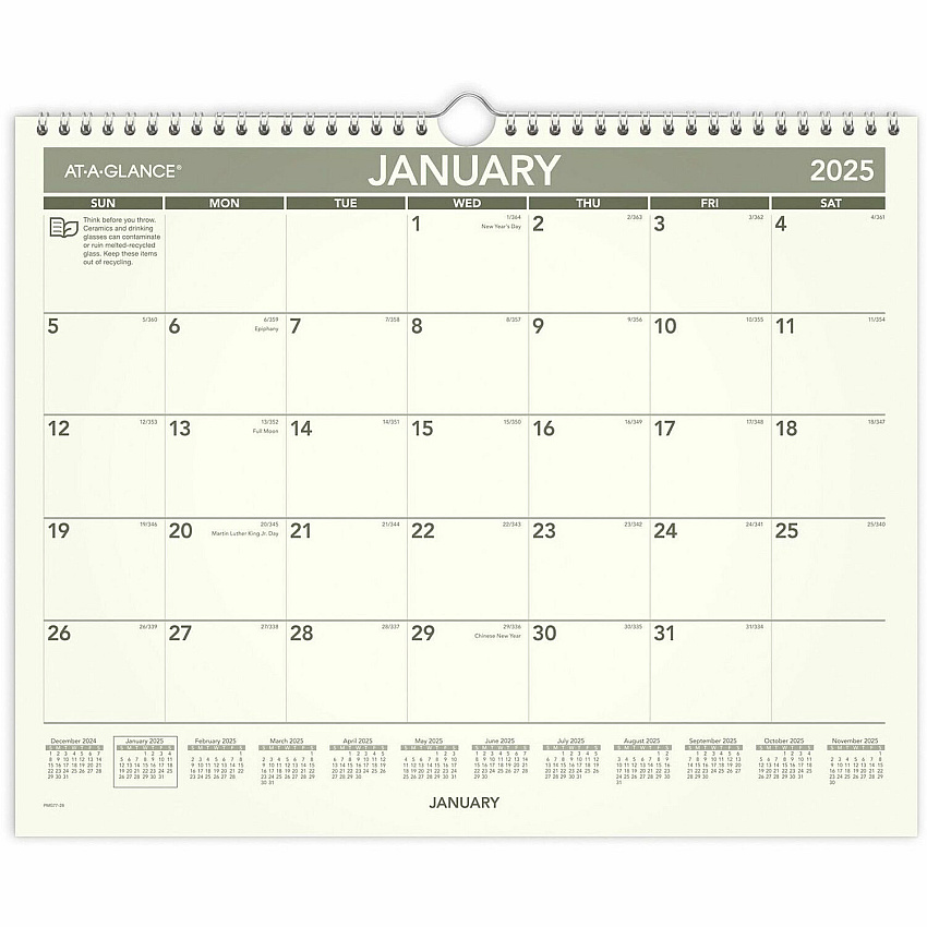 AT-A-GLANCE Recycled Wall Calendar, Unruled Blocks, 15 x 12, Sand/Green Sheets, 12-Month (Jan to Dec): 2026 (PMG7728)