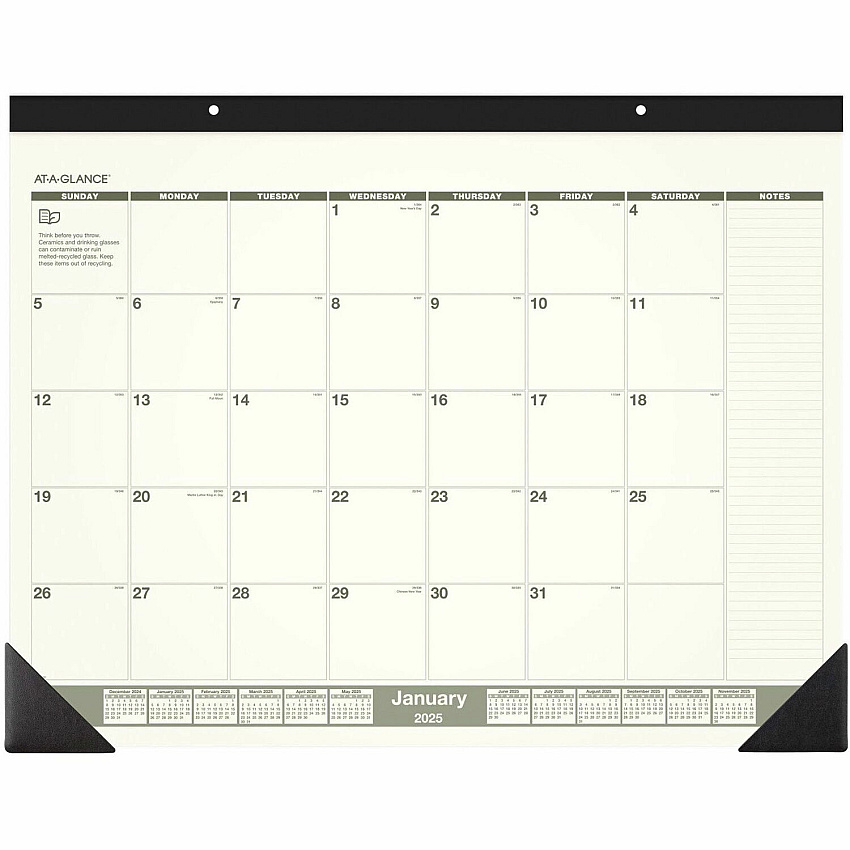 AT-A-GLANCE Recycled Monthly Desk Pad, 22 x 17, Sand/Green Sheets, Black Binding, Black Corners, 12-Month (Jan to Dec): 2026 (SK32G00)