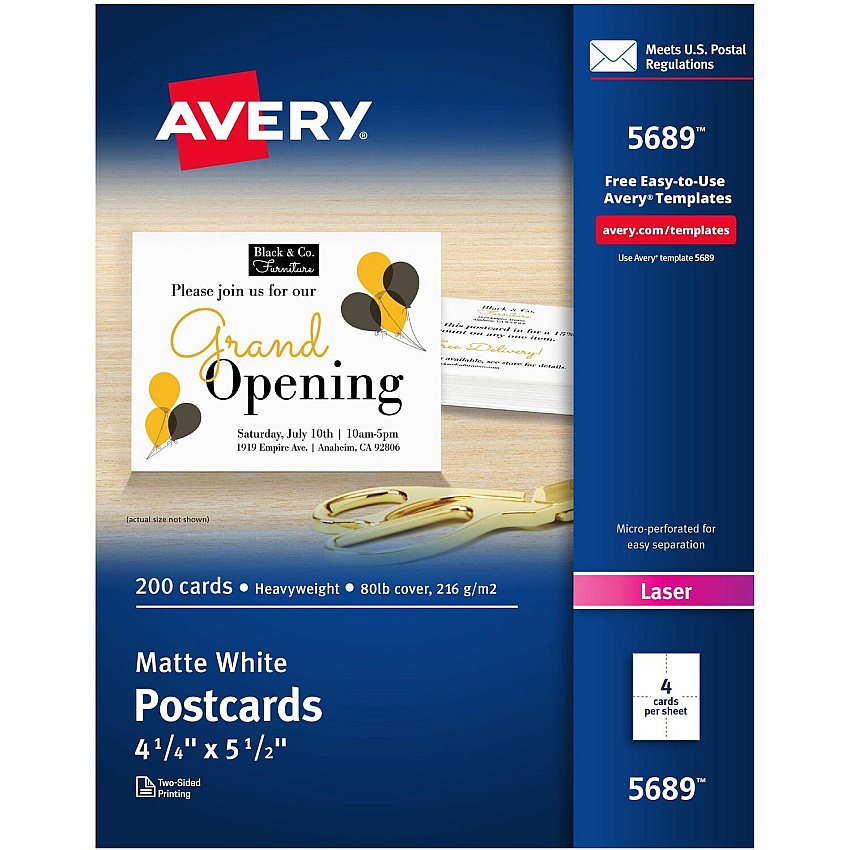 Avery(R) Printable Postcards, 4.25" x 5.5" , White, 200 Blank Postcards for Laser Printers (AVE5689)