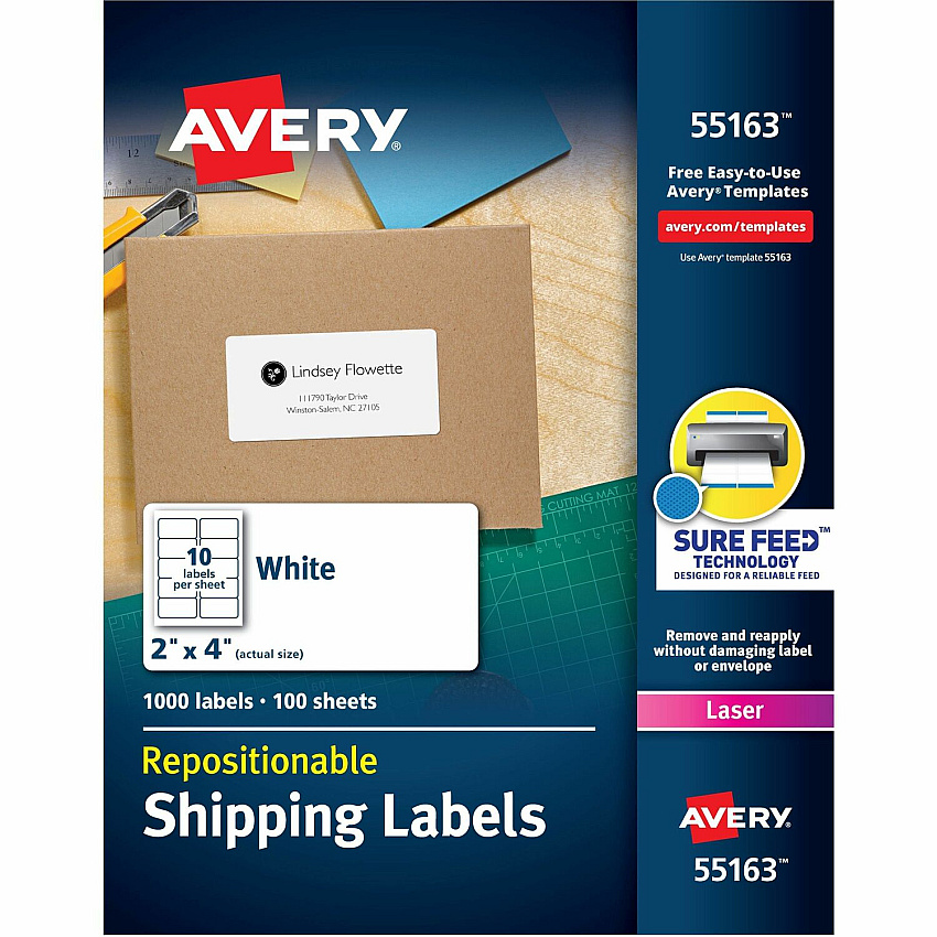 Avery Repositionable Labels, Sure Feed, 2" x 4" , 1,000 Labels (AVE55163)