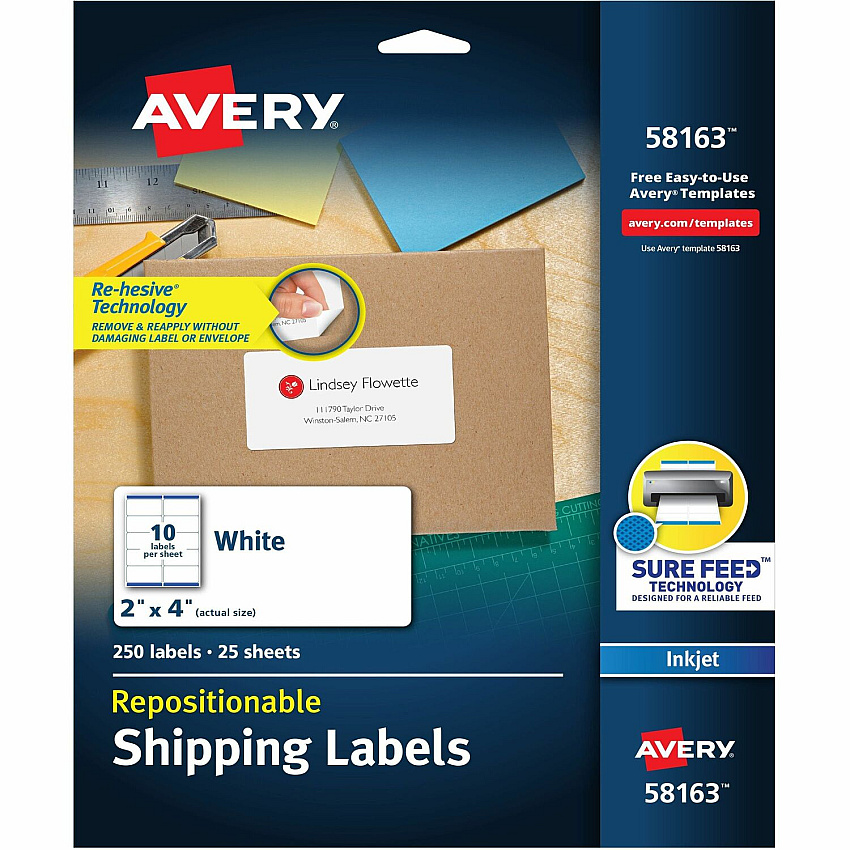 Avery Repositionable Labels, Sure Feed, 2" x 4" , 250 Labels (AVE58163)