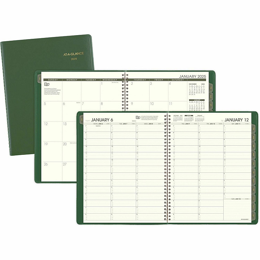 AT-A-GLANCE Recycled Weekly Vertical-Column Format Appointment Book, 11 x 8.25, Green Cover, 12-Month (Jan to Dec): 2026 (70950G60)