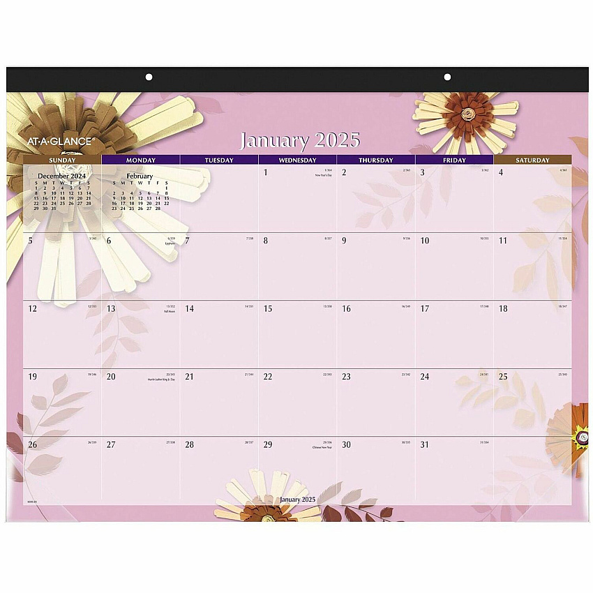 AT-A-GLANCE Paper Flowers Desk Pad, Floral Artwork, 22 x 17, Black Binding, Clear Corners, 12-Month (Jan to Dec): 2026 (5035)