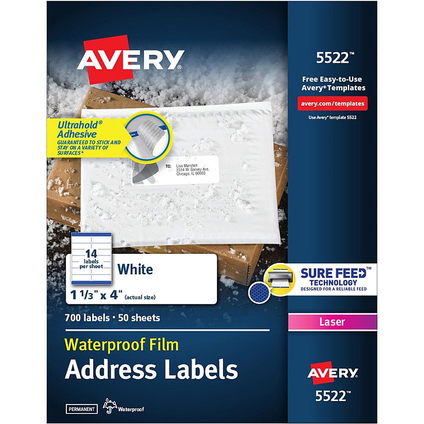Avery 1-1/3" x 4" Labels, Ultrahold, 700 Labels (AVE5522)