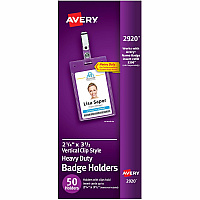 Avery(R) Heavy Duty Badge Holders, 3.5" x 2.25" , 50 Vertical Name Badge Holders with Clips (AVE2920)