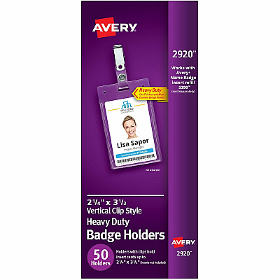Avery(R) Heavy Duty Badge Holders, 3.5" x 2.25" , 50 Vertical Name Badge Holders with Clips (AVE2920)