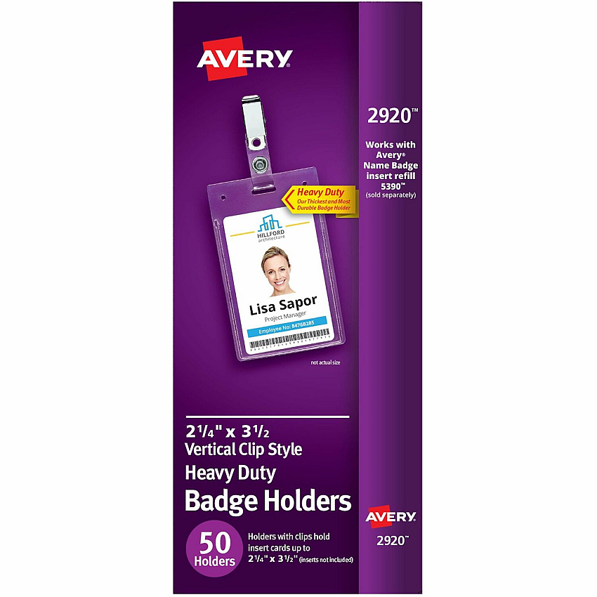 Avery(R) Heavy Duty Badge Holders, 3.5" x 2.25" , 50 Vertical Name Badge Holders with Clips (AVE2920)