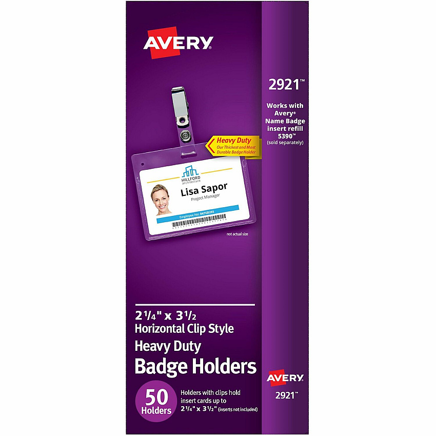 Avery(R) Heavy Duty Badge Holders, 2.25" x 3.5" , 50 Horizontal Name Badge Holders with Clips (AVE2921)