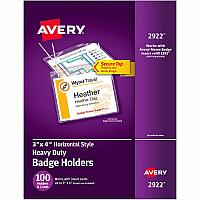Avery(R) Heavy Duty Badge Holders, 3" x 4" , 100 Horizontal ID Badge Holders with Cords (AVE2922)