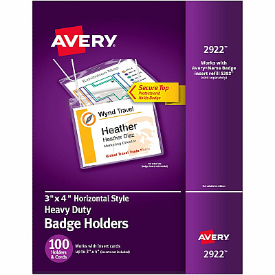 Avery(R) Heavy Duty Badge Holders, 3" x 4" , 100 Horizontal ID Badge Holders with Cords (AVE2922)