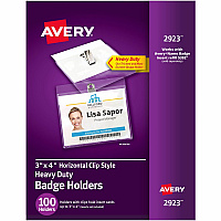 Avery(R) Heavy Duty Badge Holders, 3" x 4" , 100 Horizontal ID Badge Holders with Clips (AVE2923)